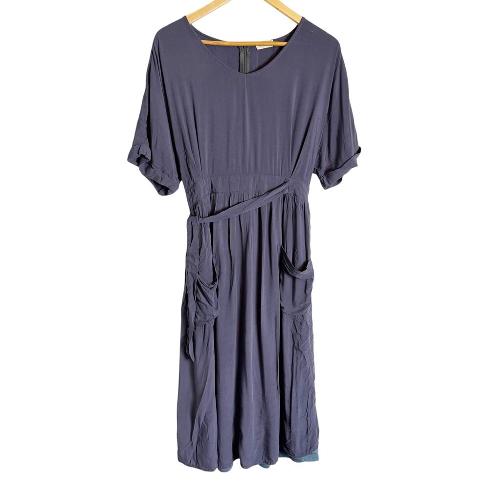 Roolee Slate Dark Blue Tie Waist Short Sleeve Shift Dress Pockets Size XL
